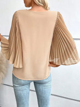 Solid Pleated Sleeve V Neck Blouse